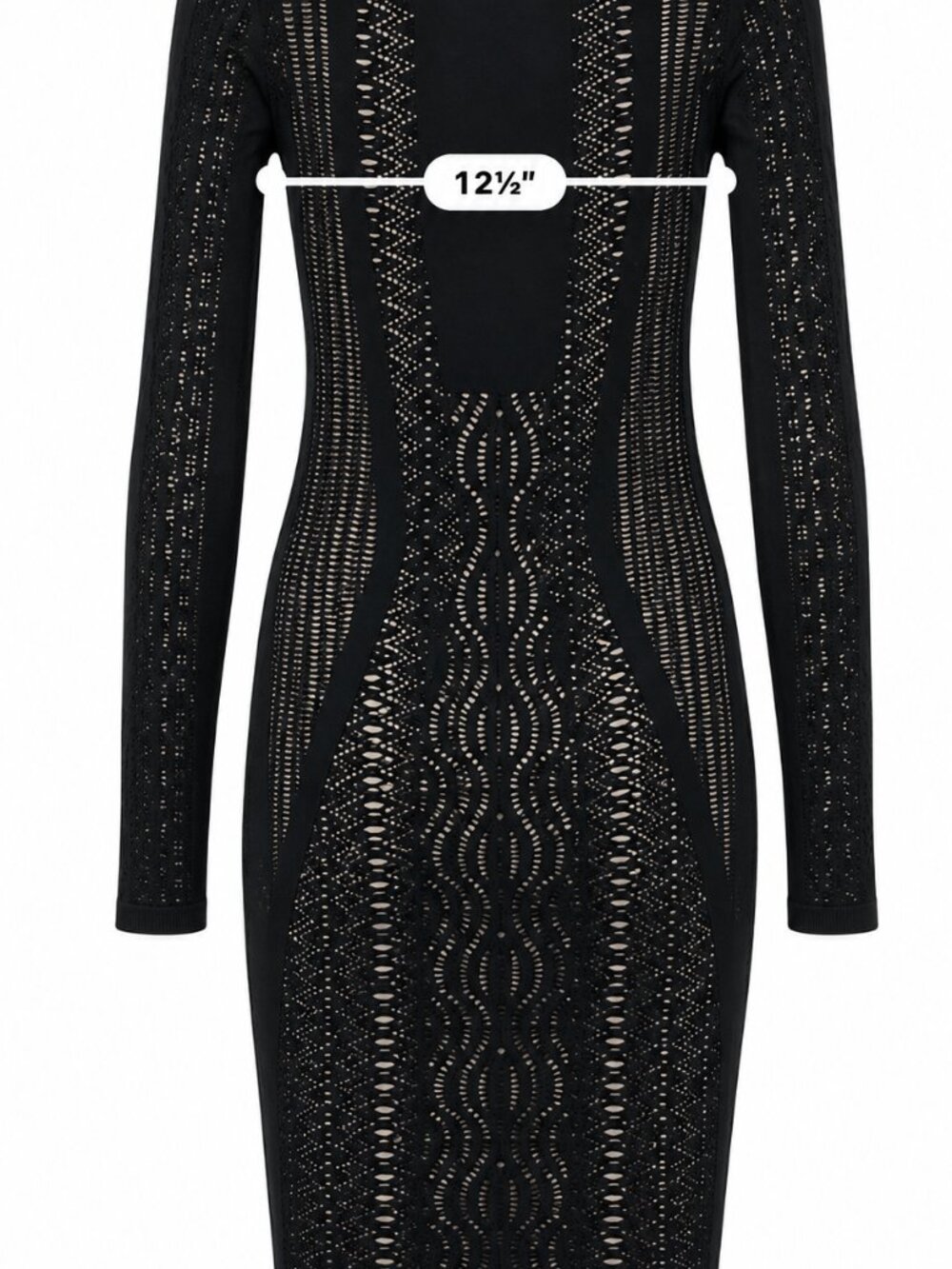 Bebe Black Open Knit Crochet Bodycon Dress M Nude Lined Y2K Sexy Knee Length - Picture 9 of 12